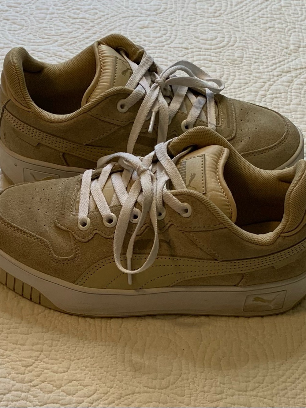 Puma Carina Street Chunky Platform Low-Top Suede Sneakers in Beige
